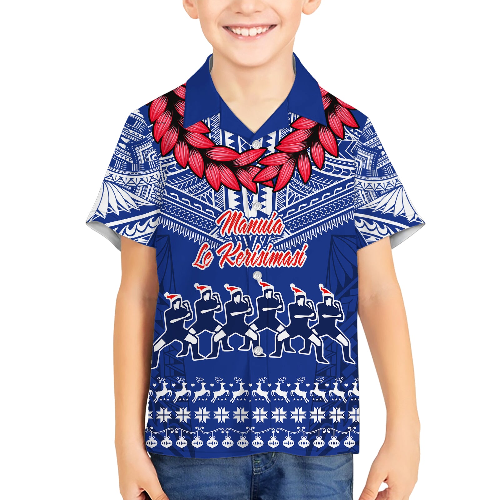 Personalised Toa Samoa Christmas Kid Hawaiian Shirt Samoa Siva Tau Manuia Le Kerisimasi Blue Vibe - Wonder Print Shop