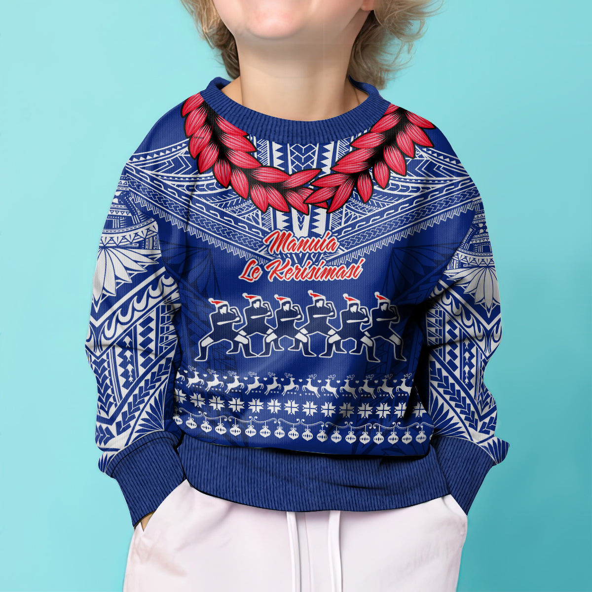 Personalised Toa Samoa Christmas Kid Ugly Christmas Sweater Samoa Siva Tau Manuia Le Kerisimasi Blue Vibe - Wonder Print Shop