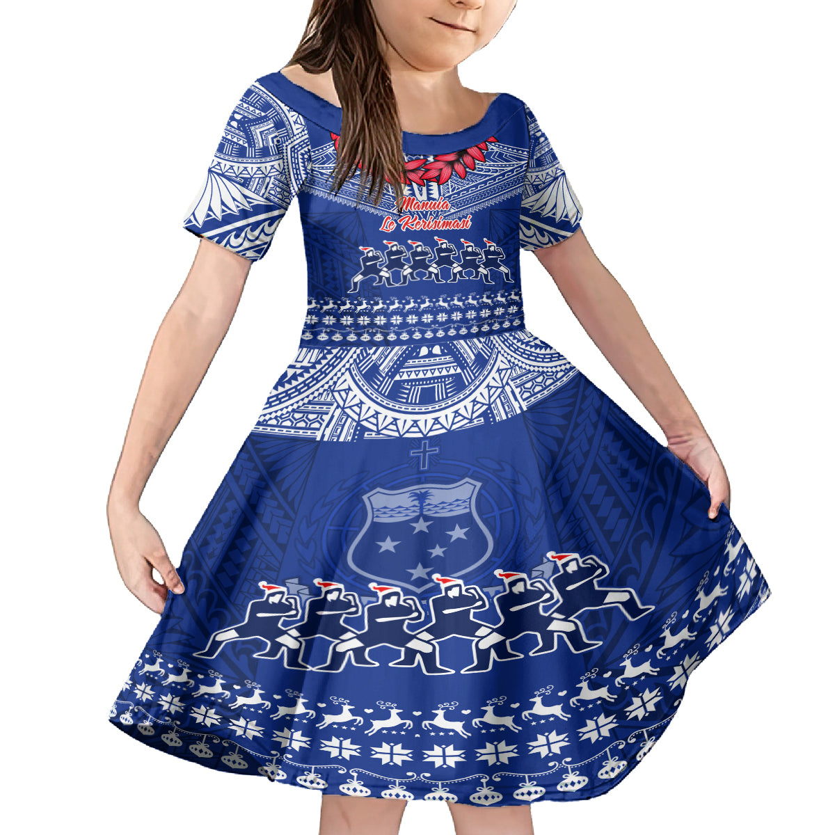Personalised Toa Samoa Christmas Kid Short Sleeve Dress Samoa Siva Tau Manuia Le Kerisimasi Blue Vibe - Wonder Print Shop