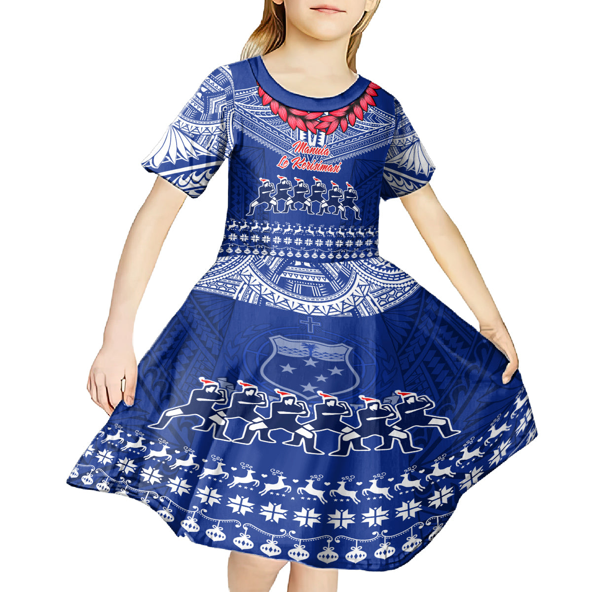 Personalised Toa Samoa Christmas Kid Short Sleeve Dress Samoa Siva Tau Manuia Le Kerisimasi Blue Vibe - Wonder Print Shop