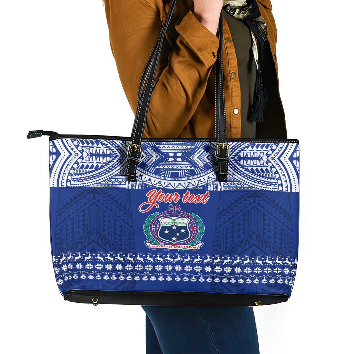 Personalised Toa Samoa Christmas Leather Tote Bag Samoa Siva Tau Manuia Le Kerisimasi Blue Vibe - Wonder Print Shop