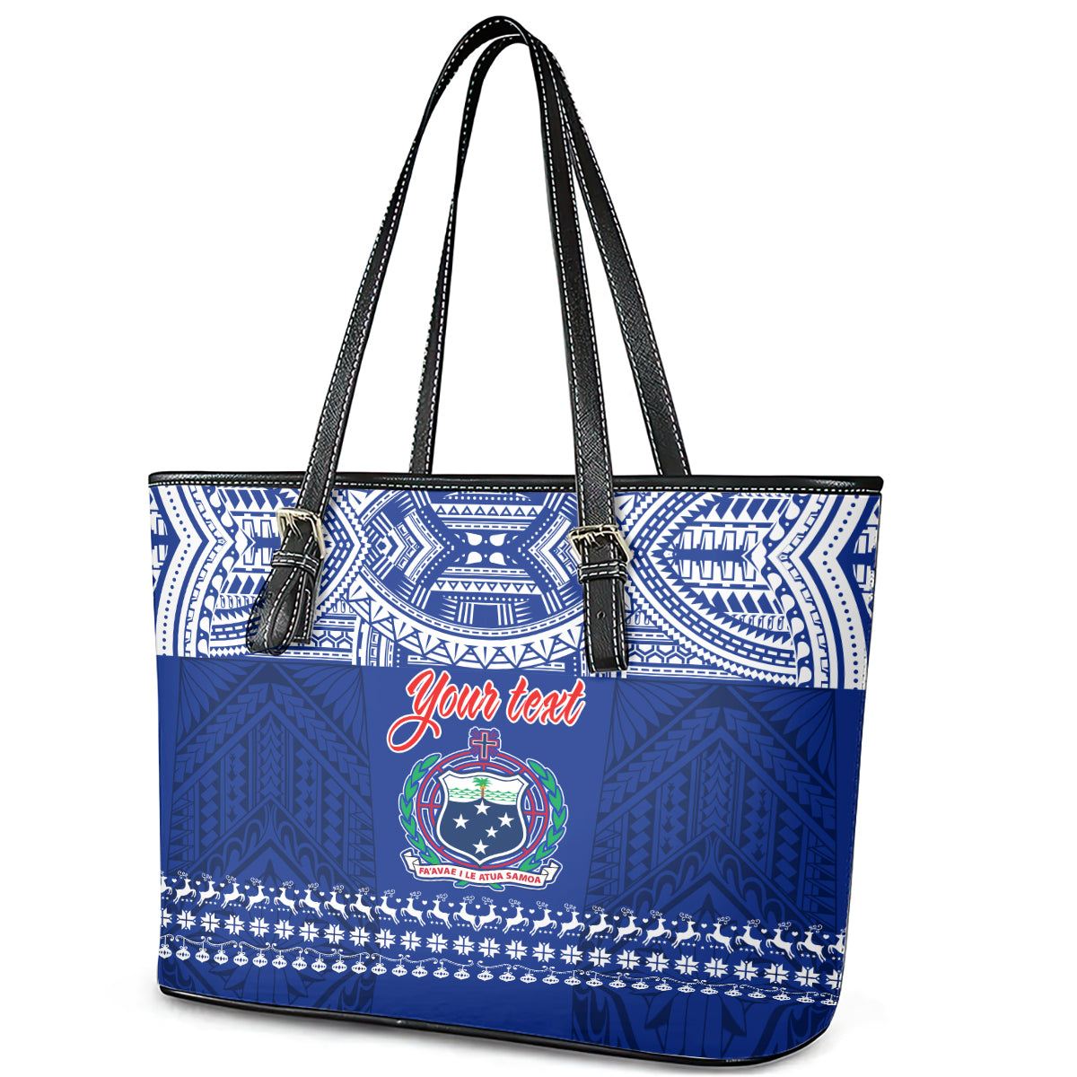 Personalised Toa Samoa Christmas Leather Tote Bag Samoa Siva Tau Manuia Le Kerisimasi Blue Vibe - Wonder Print Shop