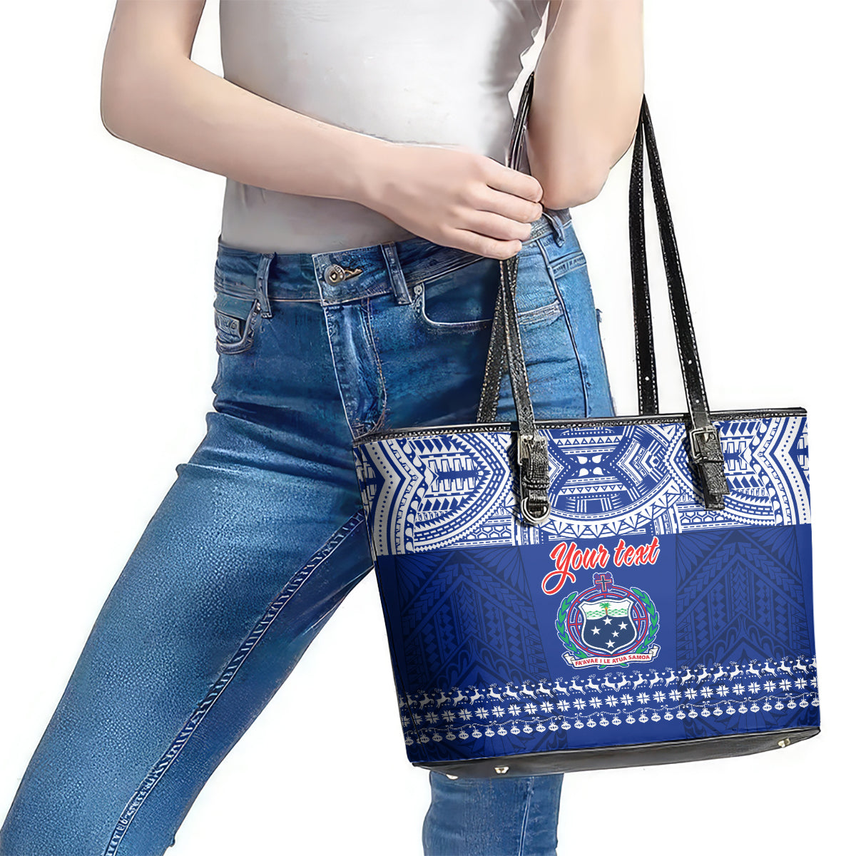 Personalised Toa Samoa Christmas Leather Tote Bag Samoa Siva Tau Manuia Le Kerisimasi Blue Vibe - Wonder Print Shop