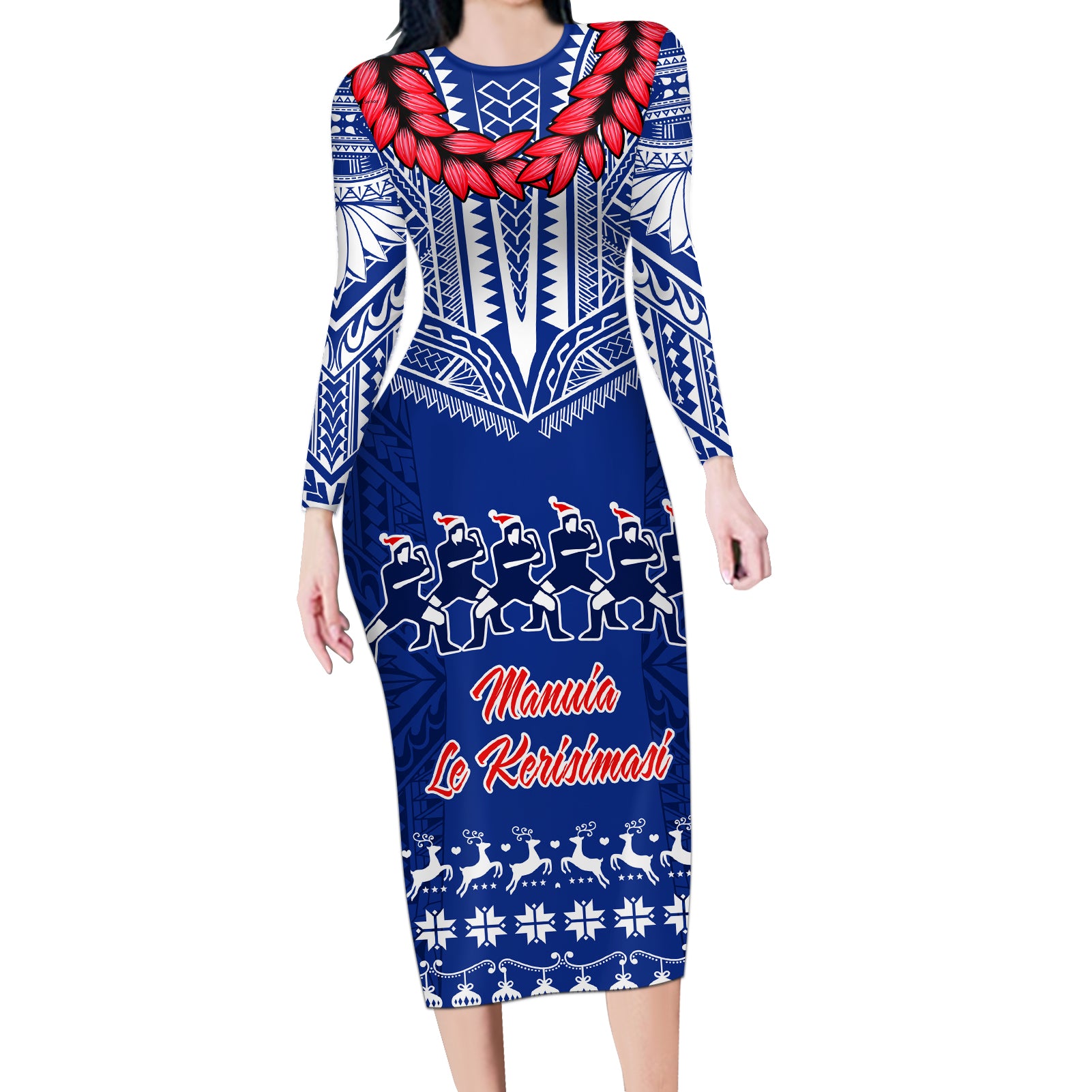 Personalised Toa Samoa Christmas Long Sleeve Bodycon Dress Samoa Siva Tau Manuia Le Kerisimasi Blue Vibe - Wonder Print Shop