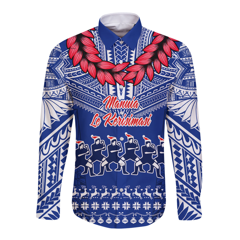 Personalised Toa Samoa Christmas Long Sleeve Button Shirt Samoa Siva Tau Manuia Le Kerisimasi Blue Vibe - Wonder Print Shop