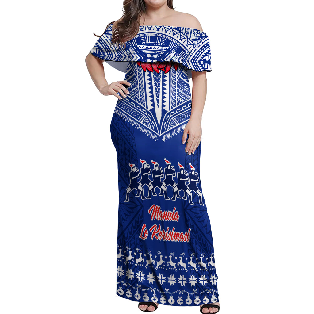 Personalised Toa Samoa Christmas Off Shoulder Maxi Dress Samoa Siva Tau Manuia Le Kerisimasi Blue Vibe - Wonder Print Shop