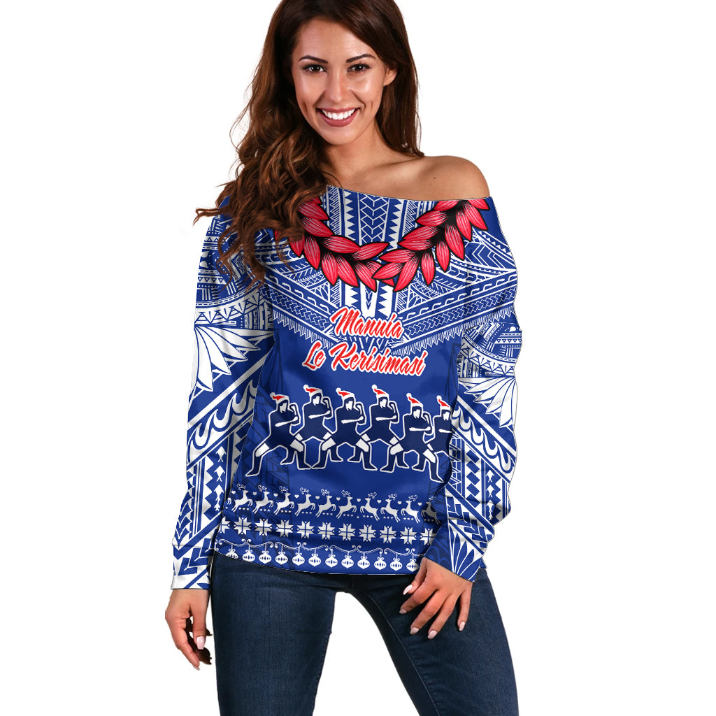Personalised Toa Samoa Christmas Off Shoulder Sweater Samoa Siva Tau Manuia Le Kerisimasi Blue Vibe - Wonder Print Shop