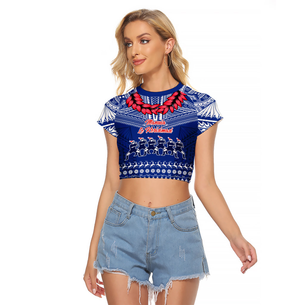 Personalised Toa Samoa Christmas Raglan Cropped T Shirt Samoa Siva Tau Manuia Le Kerisimasi Blue Vibe - Wonder Print Shop