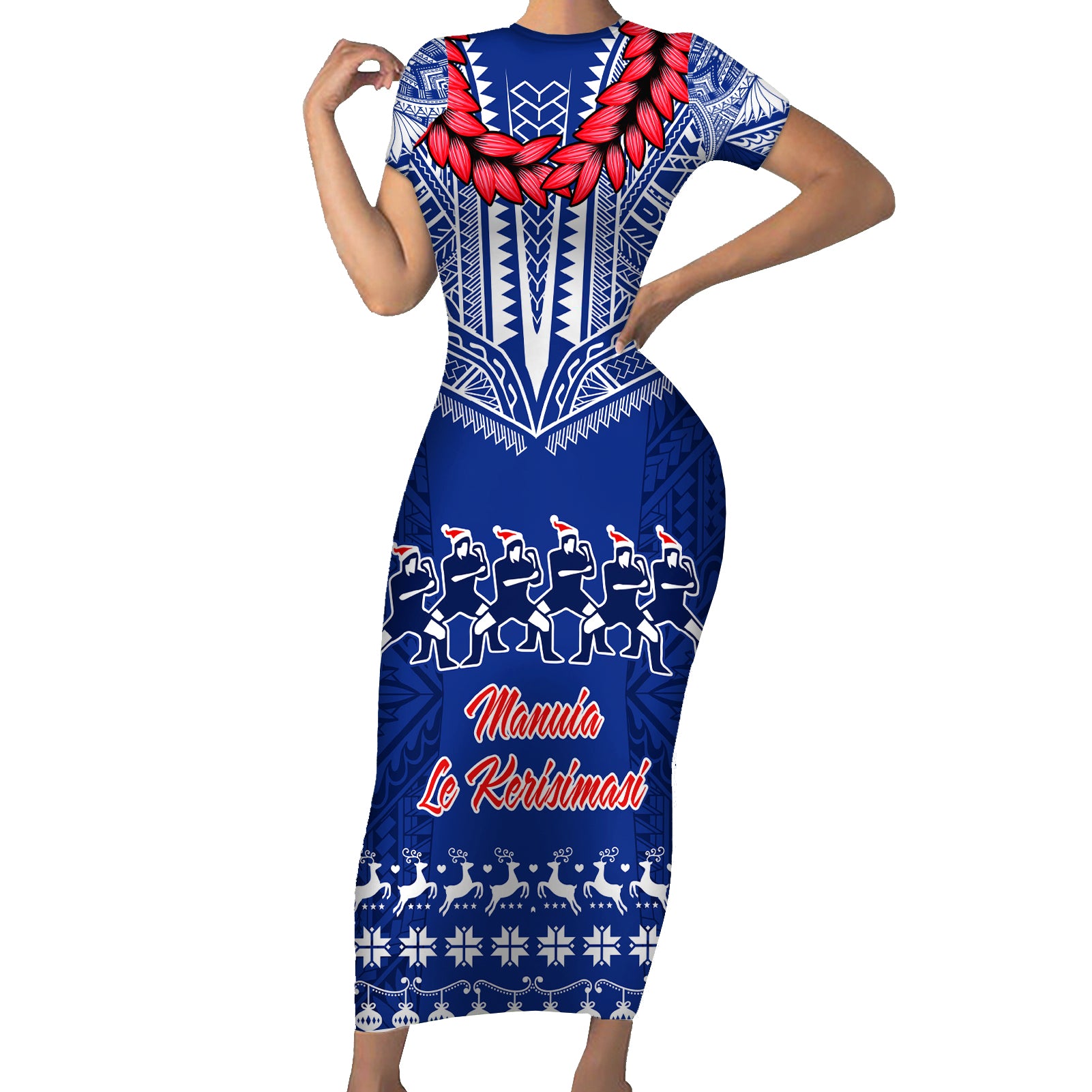 Personalised Toa Samoa Christmas Short Sleeve Bodycon Dress Samoa Siva Tau Manuia Le Kerisimasi Blue Vibe - Wonder Print Shop