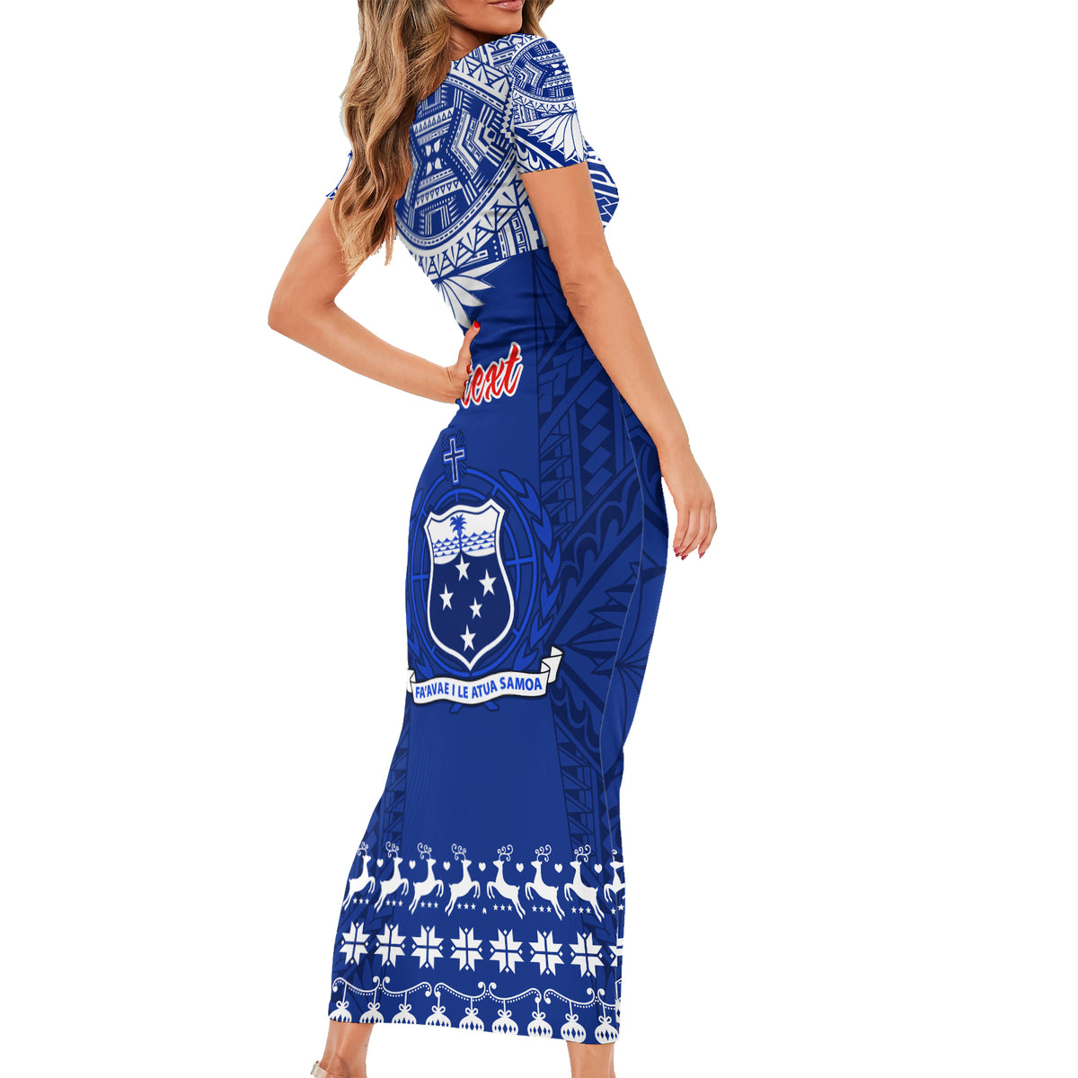 Personalised Toa Samoa Christmas Short Sleeve Bodycon Dress Samoa Siva Tau Manuia Le Kerisimasi Blue Vibe - Wonder Print Shop
