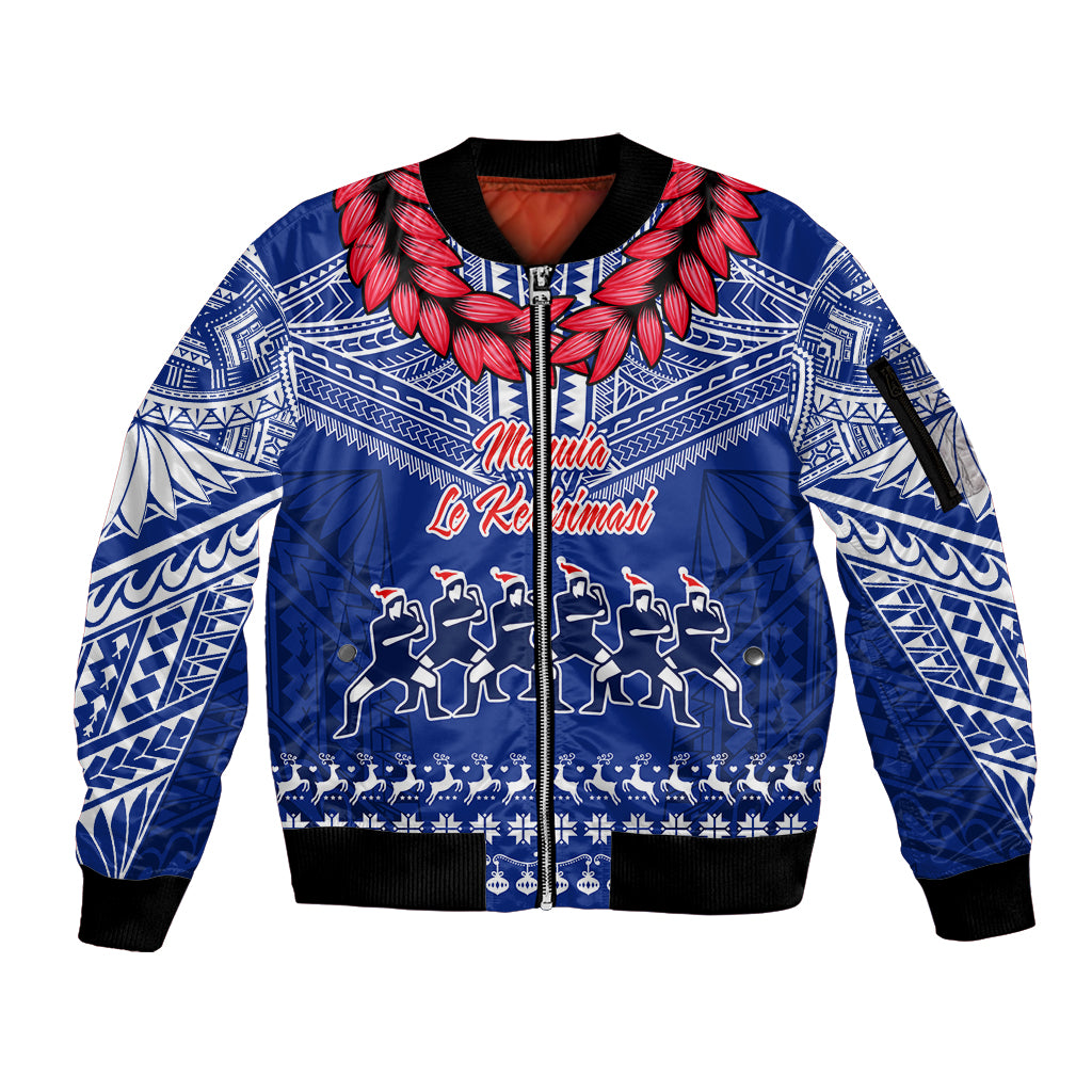 Personalised Toa Samoa Christmas Sleeve Zip Bomber Jacket Samoa Siva Tau Manuia Le Kerisimasi Blue Vibe - Wonder Print Shop