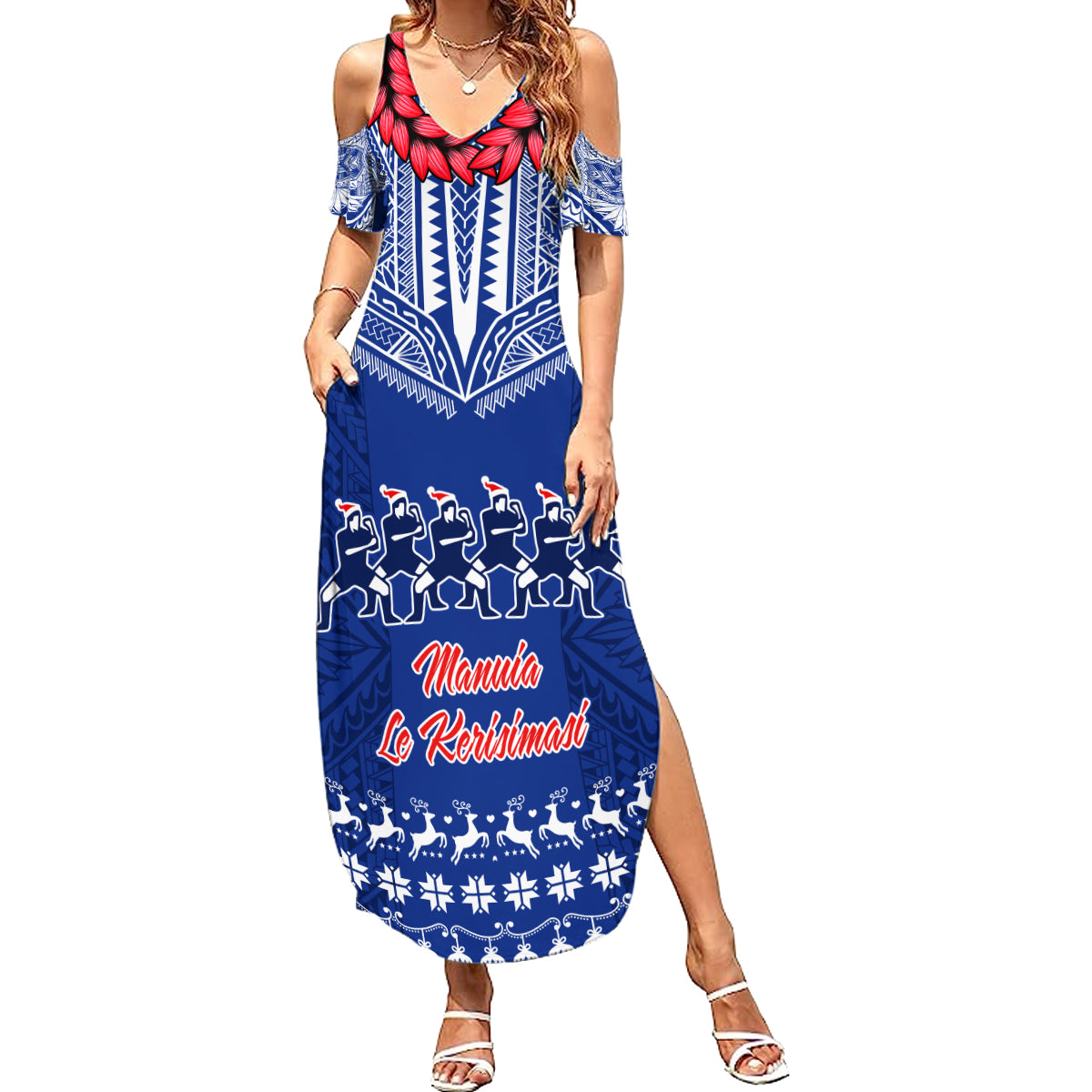 Personalised Toa Samoa Christmas Summer Maxi Dress Samoa Siva Tau Manuia Le Kerisimasi Blue Vibe - Wonder Print Shop
