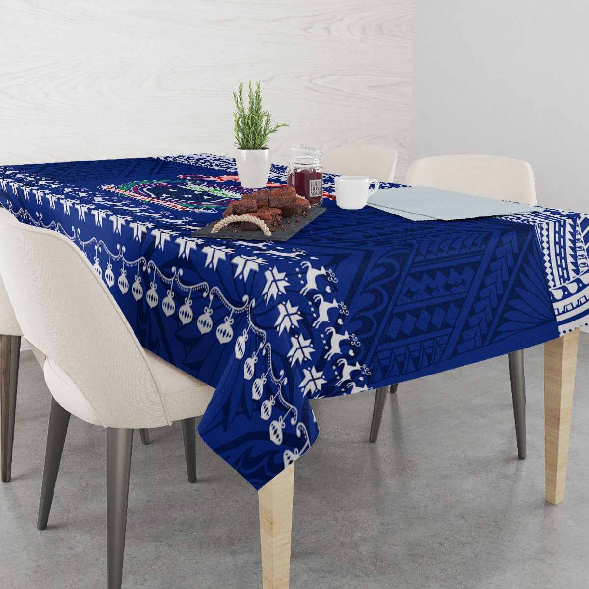 Personalised Toa Samoa Christmas Tablecloth Samoa Siva Tau Manuia Le Kerisimasi Blue Vibe - Wonder Print Shop