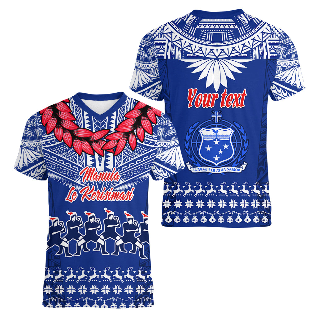Personalised Toa Samoa Christmas Women V Neck T Shirt Samoa Siva Tau Manuia Le Kerisimasi Blue Vibe - Wonder Print Shop