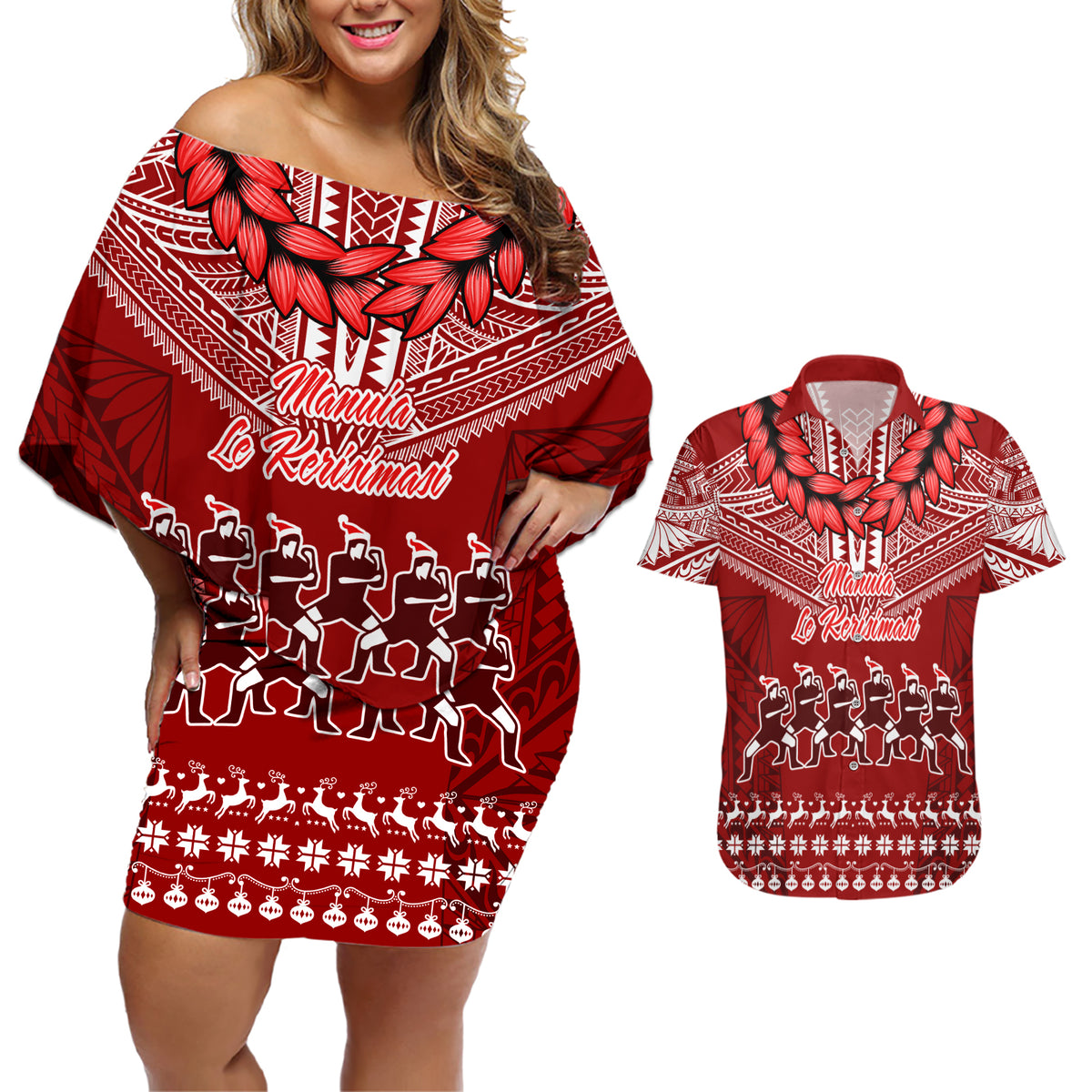 Toa Samoa Christmas Couples Matching Off Shoulder Short Dress and Hawaiian Shirt Samoa Siva Tau Manuia Le Kerisimasi Red Vibe LT9 - Wonder Print Shop