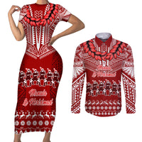 Toa Samoa Christmas Couples Matching Short Sleeve Bodycon Dress and Long Sleeve Button Shirt Samoa Siva Tau Manuia Le Kerisimasi Red Vibe LT9 - Wonder Print Shop