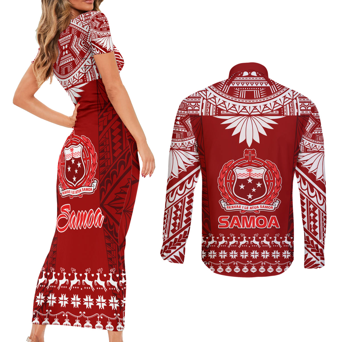 Toa Samoa Christmas Couples Matching Short Sleeve Bodycon Dress and Long Sleeve Button Shirt Samoa Siva Tau Manuia Le Kerisimasi Red Vibe LT9 - Wonder Print Shop