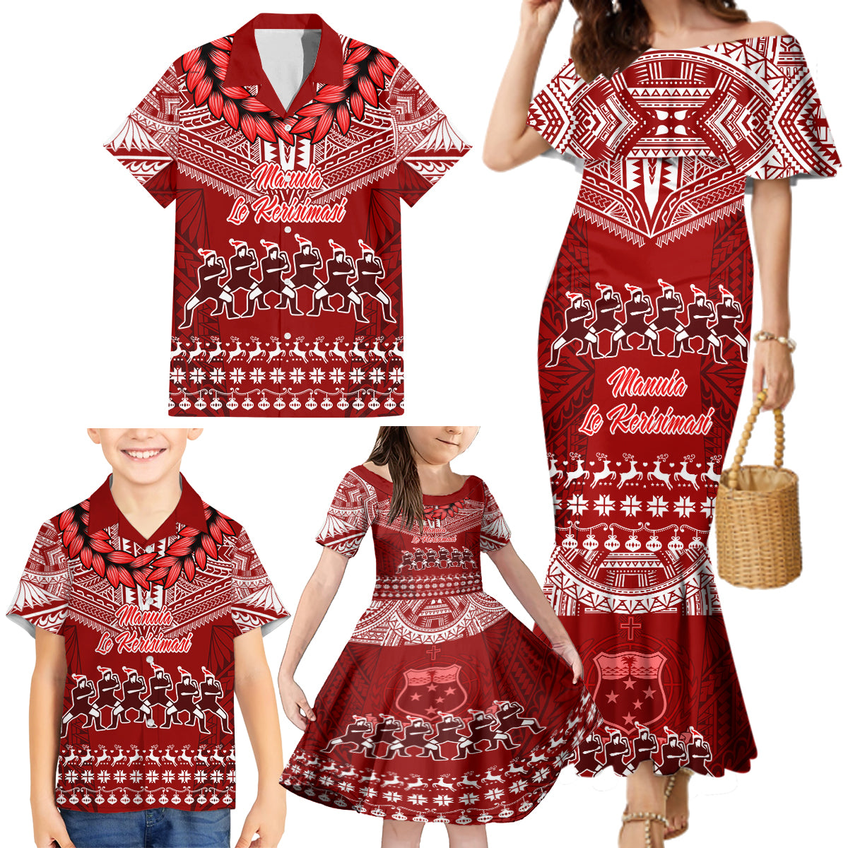 Toa Samoa Christmas Family Matching Mermaid Dress and Hawaiian Shirt Samoa Siva Tau Manuia Le Kerisimasi Red Vibe LT9 - Wonder Print Shop