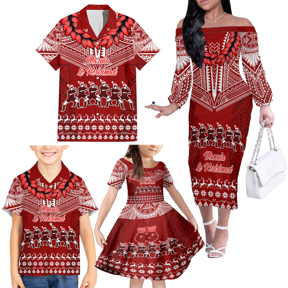 Toa Samoa Christmas Family Matching Off Shoulder Long Sleeve Dress and Hawaiian Shirt Samoa Siva Tau Manuia Le Kerisimasi Red Vibe - Wonder Print Shop
