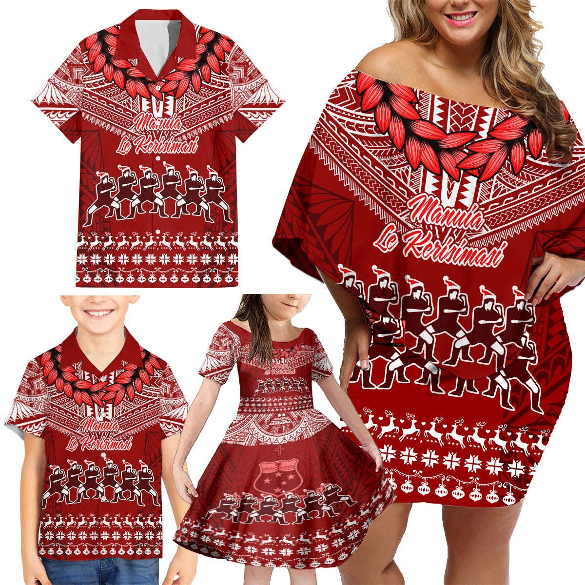 Toa Samoa Christmas Family Matching Off Shoulder Short Dress and Hawaiian Shirt Samoa Siva Tau Manuia Le Kerisimasi Red Vibe LT9 - Wonder Print Shop