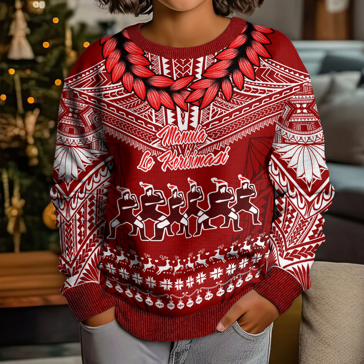 Toa Samoa Christmas Kid Ugly Christmas Sweater Samoa Siva Tau Manuia Le Kerisimasi Red Vibe - Wonder Print Shop