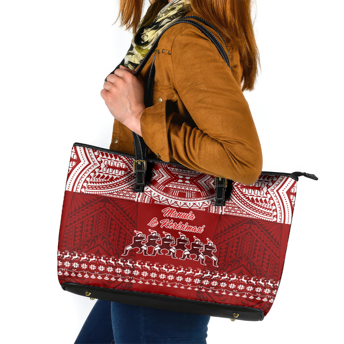 Toa Samoa Christmas Leather Tote Bag Samoa Siva Tau Manuia Le Kerisimasi Red Vibe - Wonder Print Shop