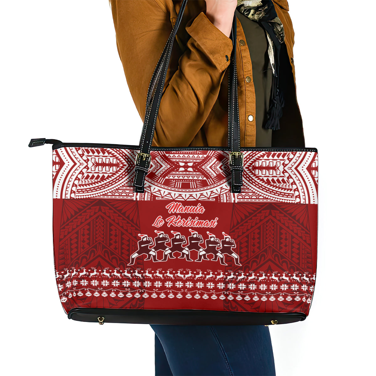 Toa Samoa Christmas Leather Tote Bag Samoa Siva Tau Manuia Le Kerisimasi Red Vibe - Wonder Print Shop