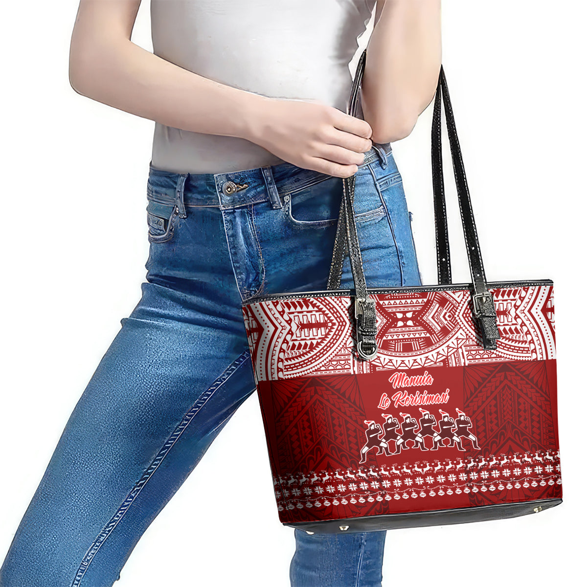 Toa Samoa Christmas Leather Tote Bag Samoa Siva Tau Manuia Le Kerisimasi Red Vibe - Wonder Print Shop