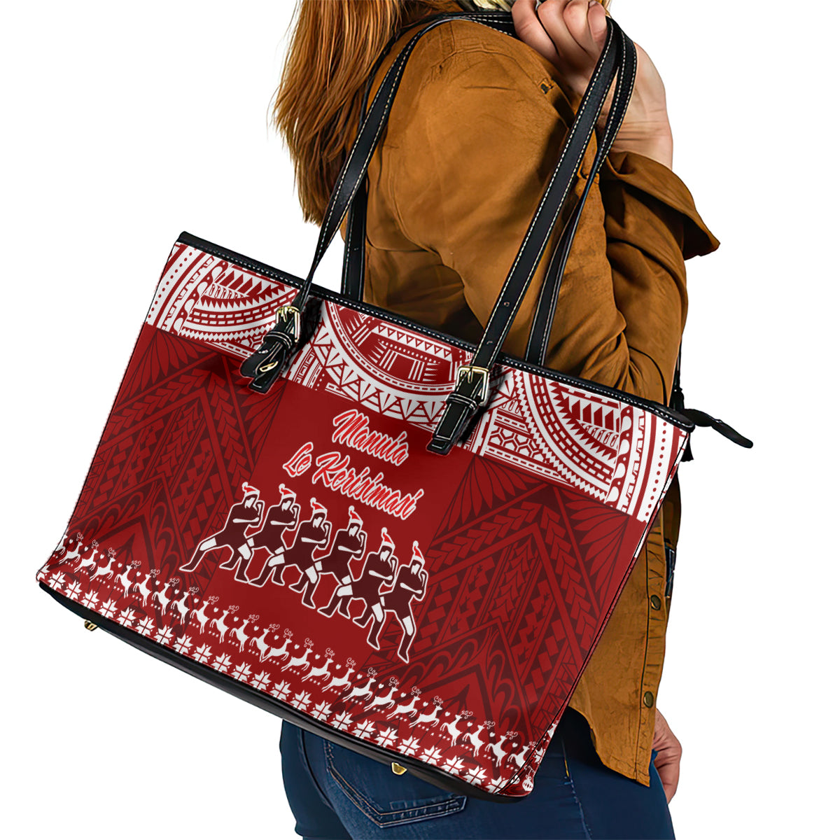 Toa Samoa Christmas Leather Tote Bag Samoa Siva Tau Manuia Le Kerisimasi Red Vibe - Wonder Print Shop