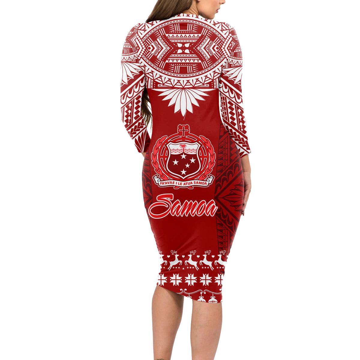 Toa Samoa Christmas Long Sleeve Bodycon Dress Samoa Siva Tau Manuia Le Kerisimasi Red Vibe - Wonder Print Shop
