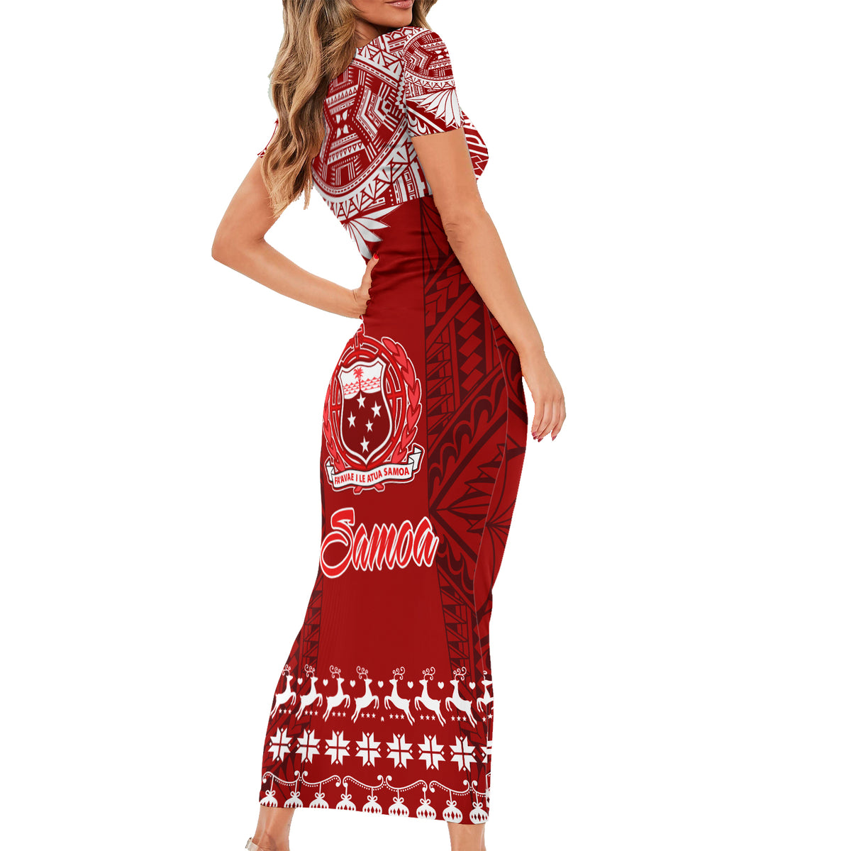 Toa Samoa Christmas Short Sleeve Bodycon Dress Samoa Siva Tau Manuia Le Kerisimasi Red Vibe - Wonder Print Shop