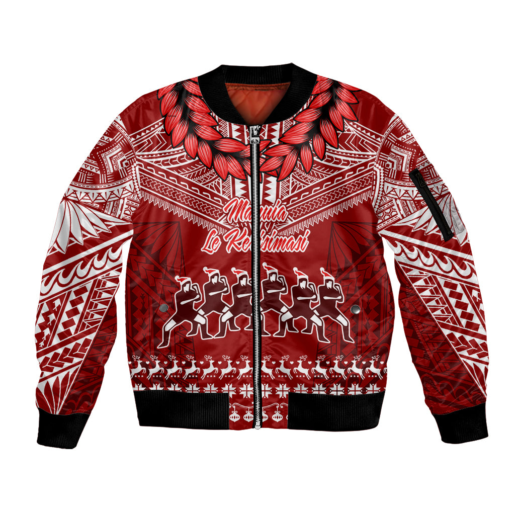 Toa Samoa Christmas Sleeve Zip Bomber Jacket Samoa Siva Tau Manuia Le Kerisimasi Red Vibe - Wonder Print Shop