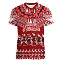 Toa Samoa Christmas Women V Neck T Shirt Samoa Siva Tau Manuia Le Kerisimasi Red Vibe - Wonder Print Shop
