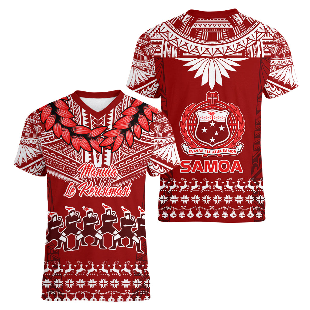 Toa Samoa Christmas Women V Neck T Shirt Samoa Siva Tau Manuia Le Kerisimasi Red Vibe - Wonder Print Shop