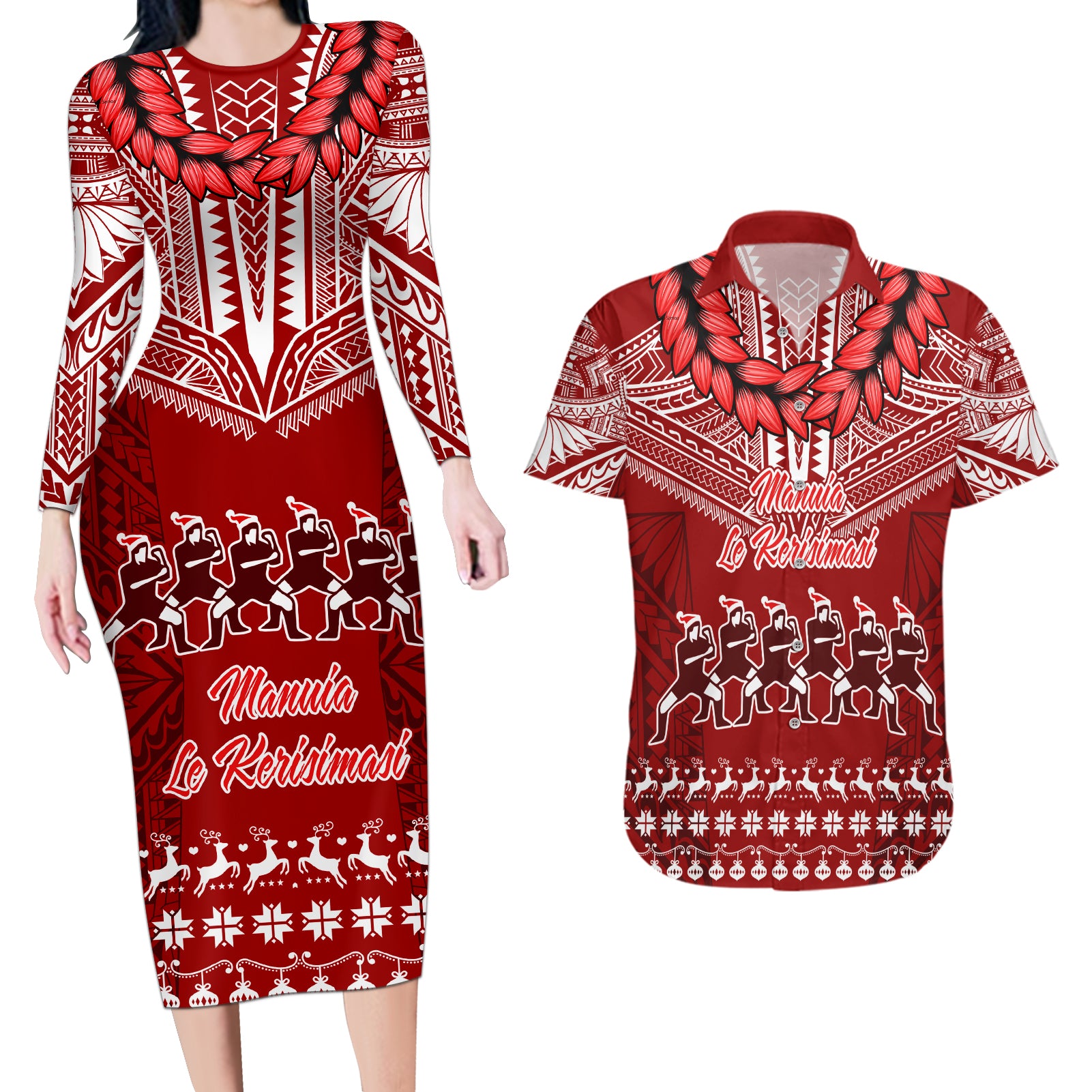 Personalised Toa Samoa Christmas Couples Matching Long Sleeve Bodycon Dress and Hawaiian Shirt Samoa Siva Tau Manuia Le Kerisimasi Red Vibe LT9 - Wonder Print Shop