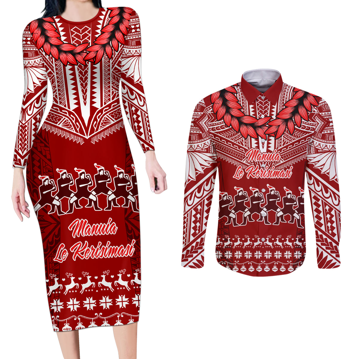 Personalised Toa Samoa Christmas Couples Matching Long Sleeve Bodycon Dress and Long Sleeve Button Shirt Samoa Siva Tau Manuia Le Kerisimasi Red Vibe LT9 - Wonder Print Shop