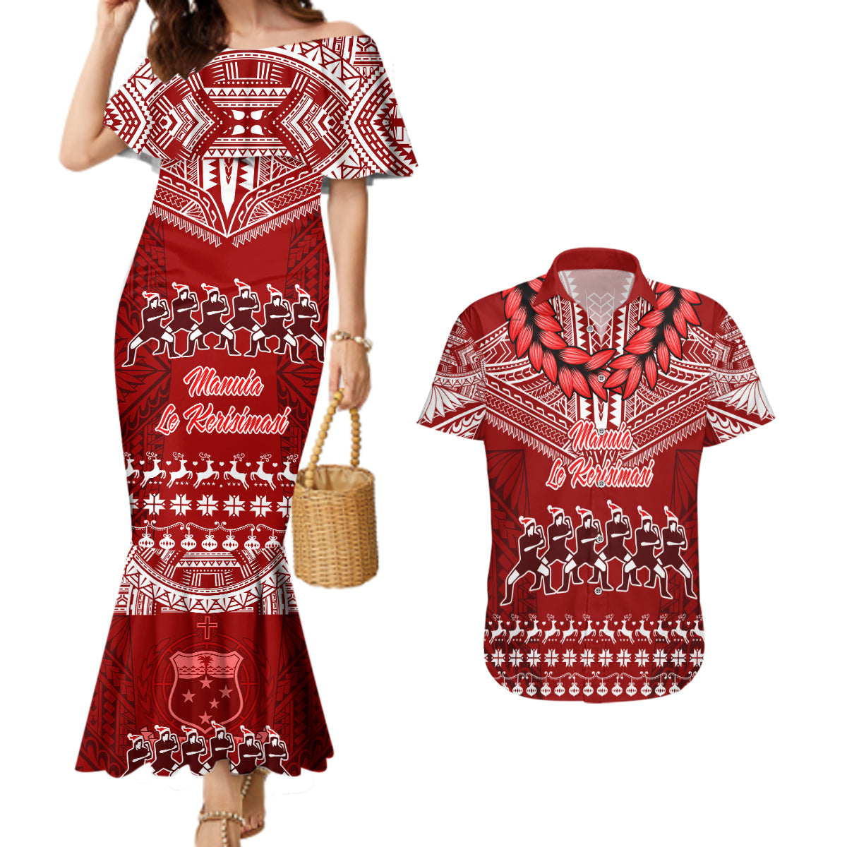 Personalised Toa Samoa Christmas Couples Matching Mermaid Dress and Hawaiian Shirt Samoa Siva Tau Manuia Le Kerisimasi Red Vibe LT9 - Wonder Print Shop