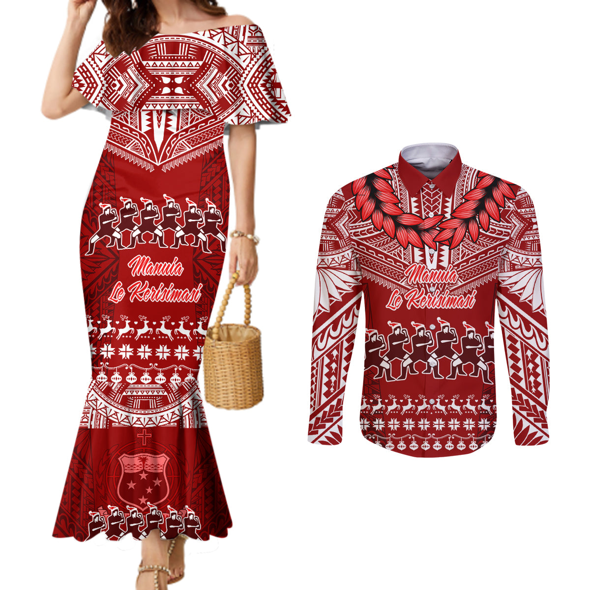 personalised-toa-samoa-christmas-couples-matching-mermaid-dress-and-long-sleeve-button-shirt-samoa-siva-tau-manuia-le-kerisimasi-red-vibe
