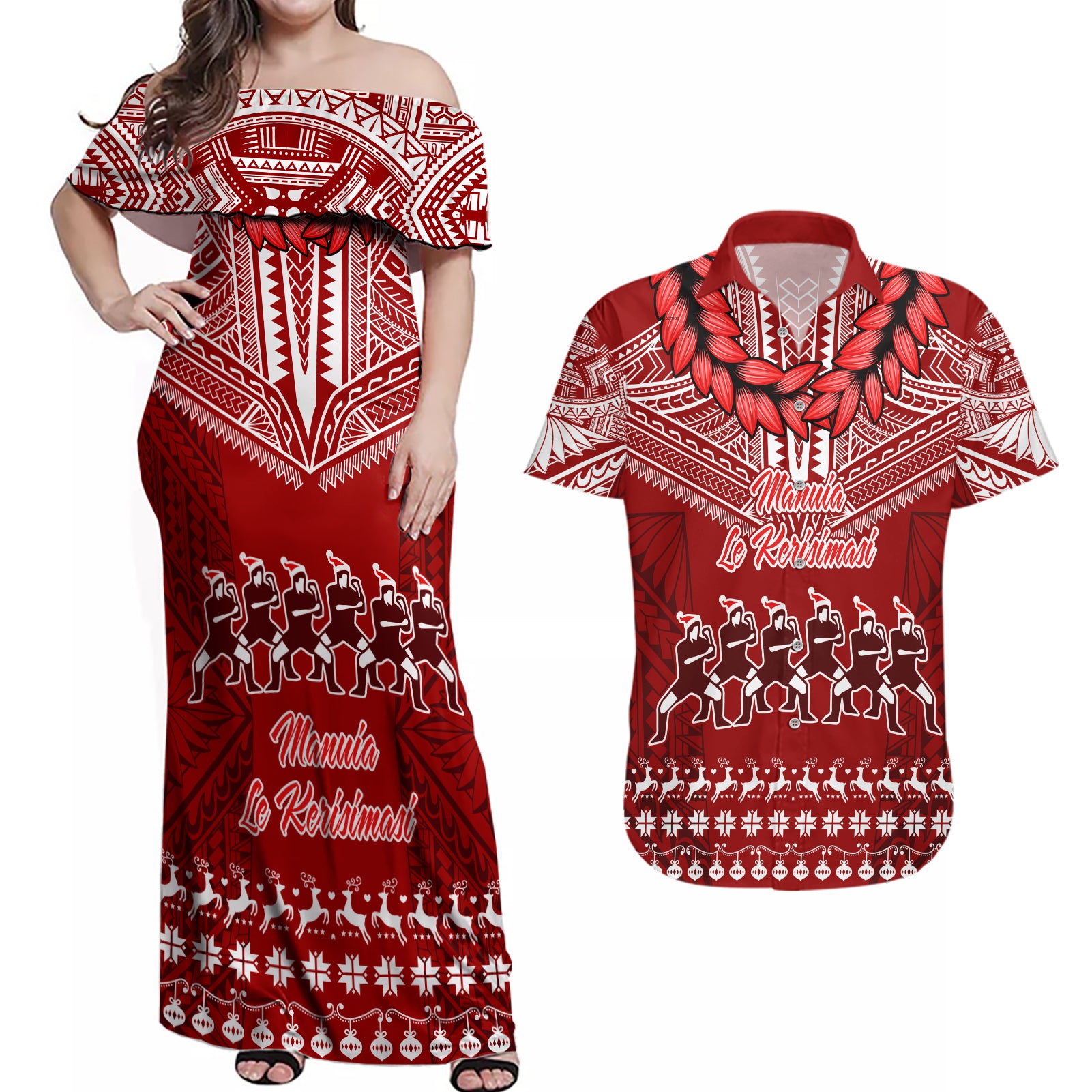 Personalised Toa Samoa Christmas Couples Matching Off Shoulder Maxi Dress and Hawaiian Shirt Samoa Siva Tau Manuia Le Kerisimasi Red Vibe LT9 - Wonder Print Shop