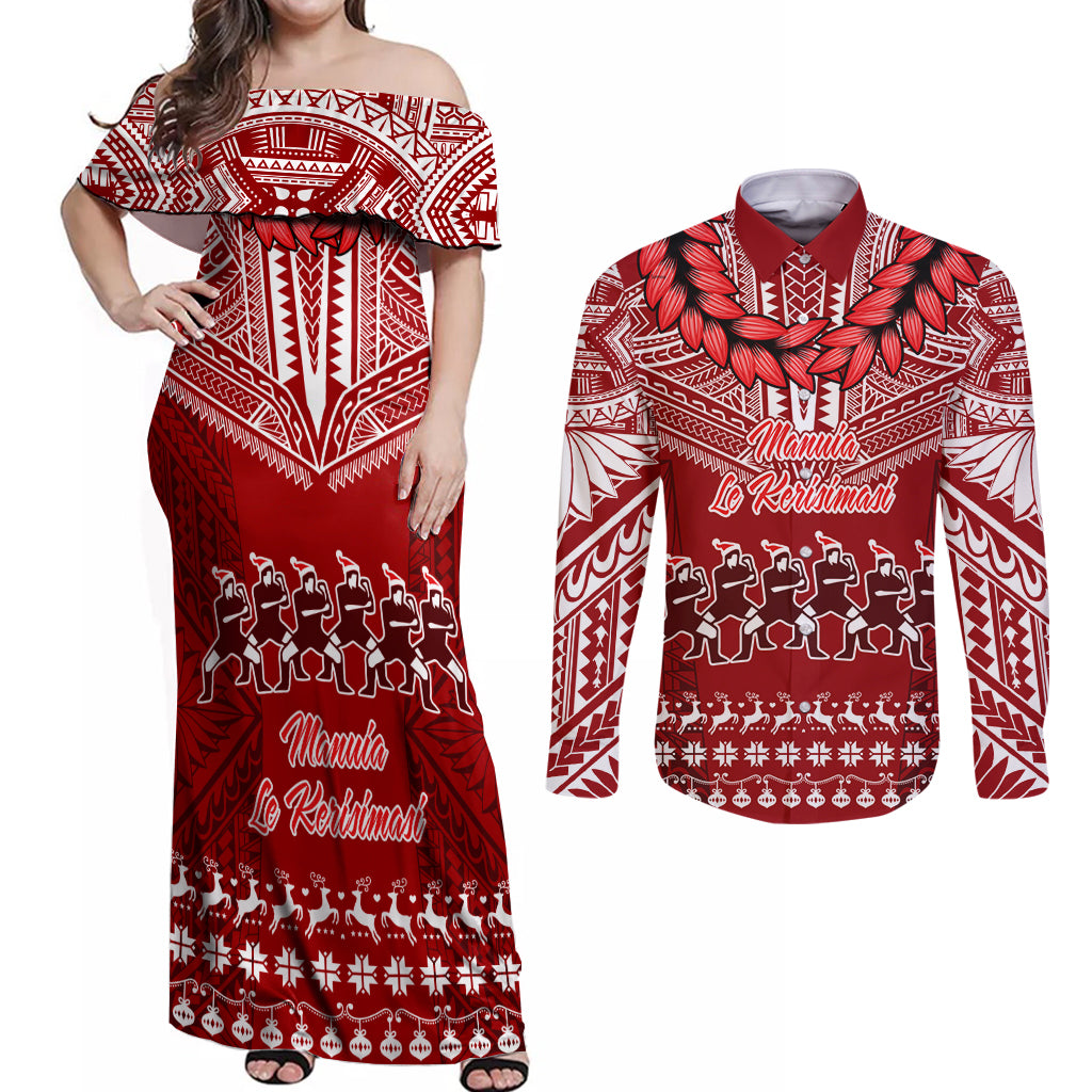 Personalised Toa Samoa Christmas Couples Matching Off Shoulder Maxi Dress and Long Sleeve Button Shirt Samoa Siva Tau Manuia Le Kerisimasi Red Vibe LT9 - Wonder Print Shop
