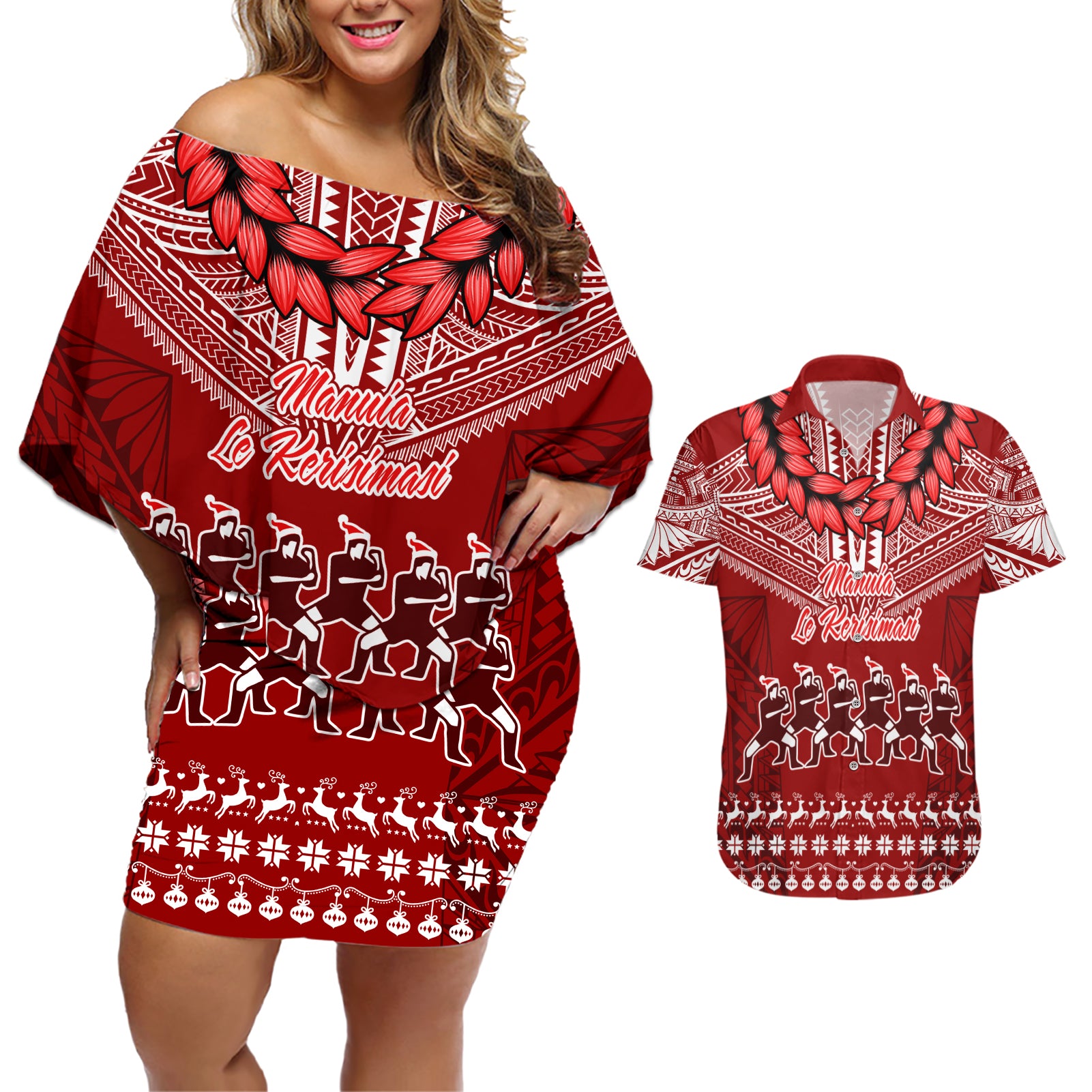 Personalised Toa Samoa Christmas Couples Matching Off Shoulder Short Dress and Hawaiian Shirt Samoa Siva Tau Manuia Le Kerisimasi Red Vibe LT9 - Wonder Print Shop
