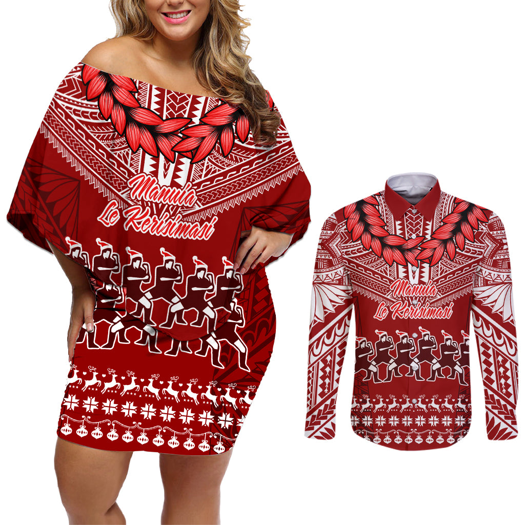 Personalised Toa Samoa Christmas Couples Matching Off Shoulder Short Dress and Long Sleeve Button Shirt Samoa Siva Tau Manuia Le Kerisimasi Red Vibe LT9 - Wonder Print Shop
