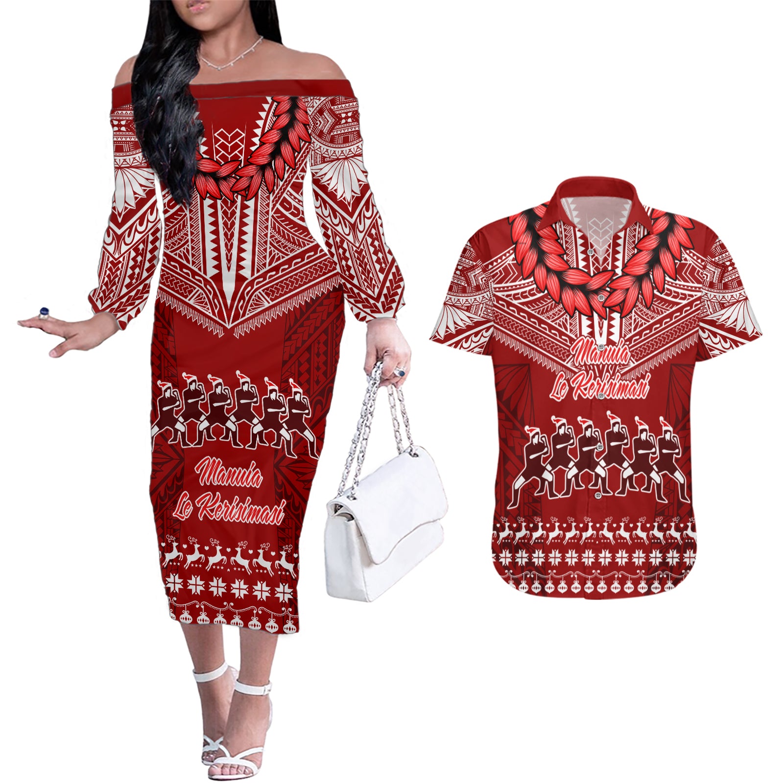 Personalised Toa Samoa Christmas Couples Matching Off The Shoulder Long Sleeve Dress and Hawaiian Shirt Samoa Siva Tau Manuia Le Kerisimasi Red Vibe LT9 - Wonder Print Shop