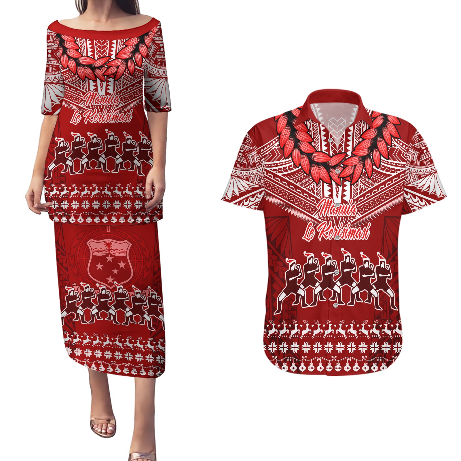 Personalised Toa Samoa Christmas Couples Matching Puletasi Dress and Hawaiian Shirt Samoa Siva Tau Manuia Le Kerisimasi Red Vibe LT9 - Wonder Print Shop