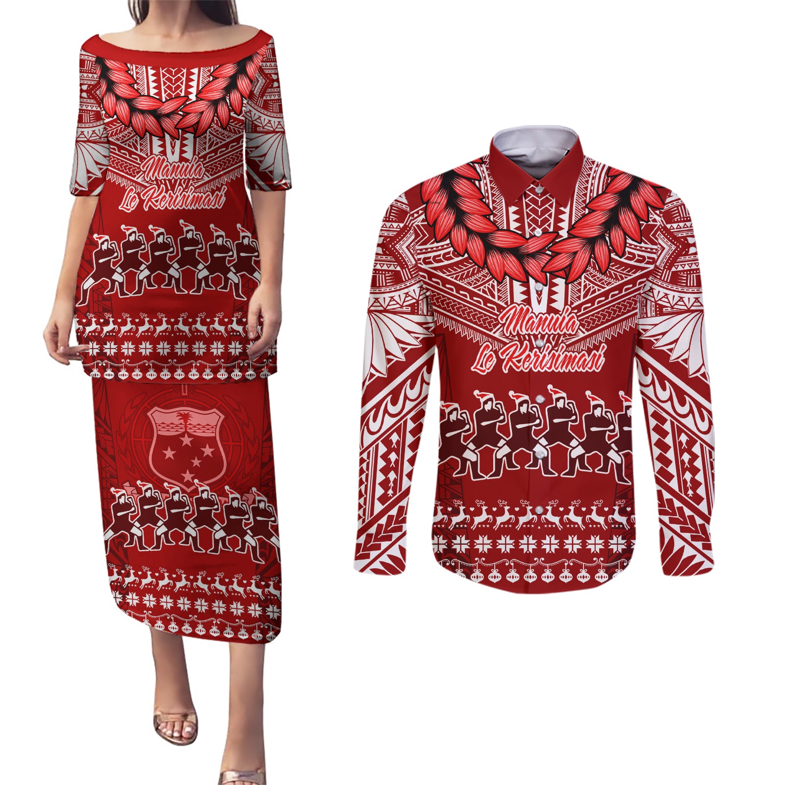 Personalised Toa Samoa Christmas Couples Matching Puletasi Dress and Long Sleeve Button Shirt Samoa Siva Tau Manuia Le Kerisimasi Red Vibe LT9 - Wonder Print Shop