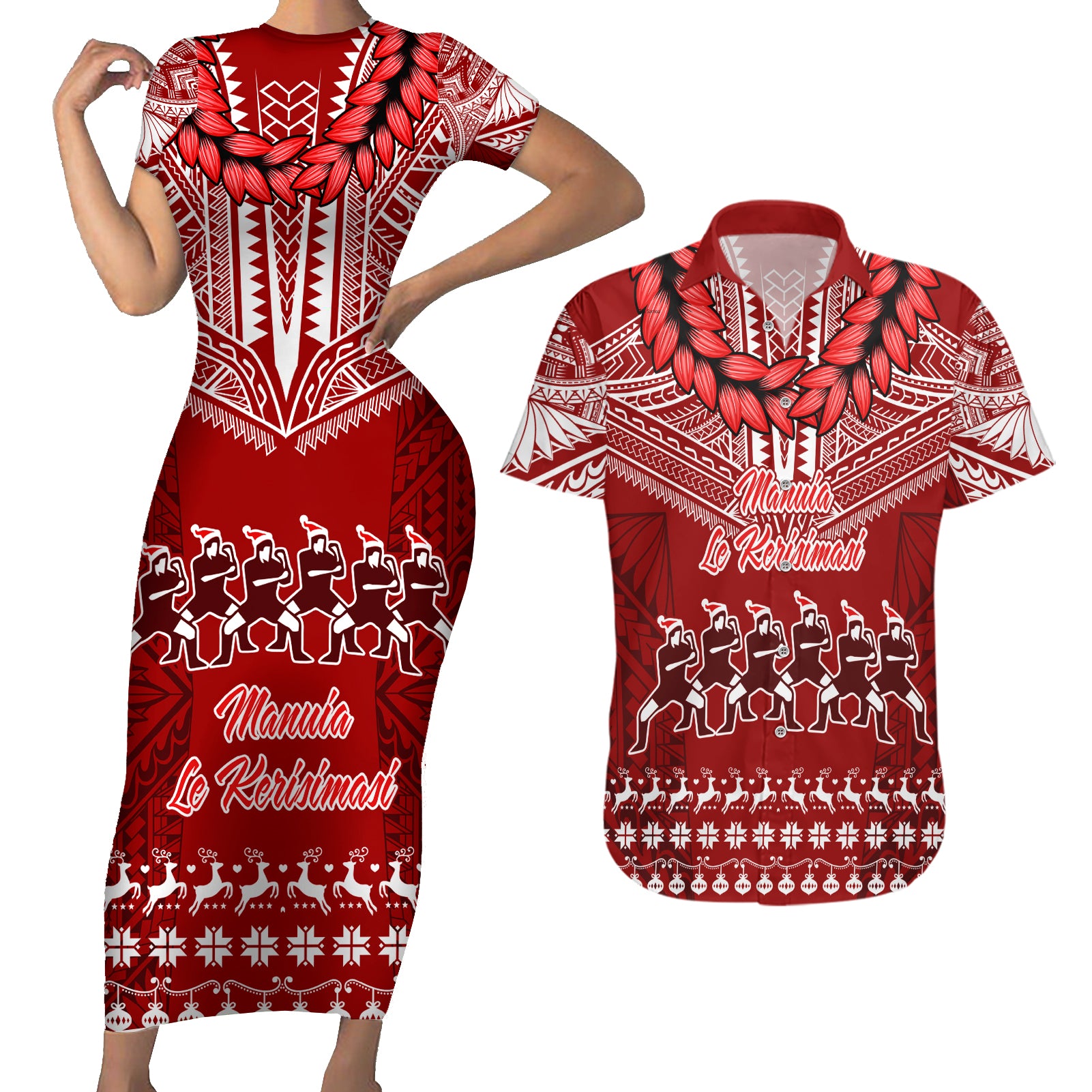 Personalised Toa Samoa Christmas Couples Matching Short Sleeve Bodycon Dress and Hawaiian Shirt Samoa Siva Tau Manuia Le Kerisimasi Red Vibe LT9 - Wonder Print Shop