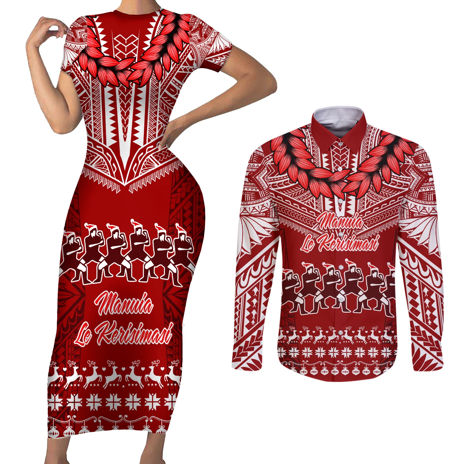 Personalised Toa Samoa Christmas Couples Matching Short Sleeve Bodycon Dress and Long Sleeve Button Shirt Samoa Siva Tau Manuia Le Kerisimasi Red Vibe LT9 - Wonder Print Shop