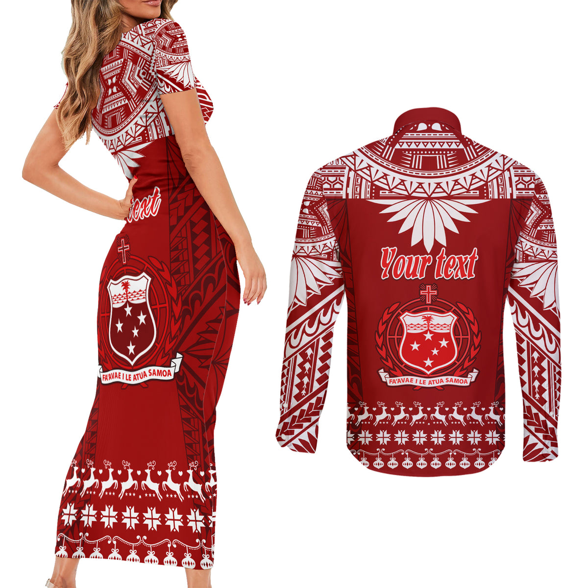 Personalised Toa Samoa Christmas Couples Matching Short Sleeve Bodycon Dress and Long Sleeve Button Shirt Samoa Siva Tau Manuia Le Kerisimasi Red Vibe LT9 - Wonder Print Shop