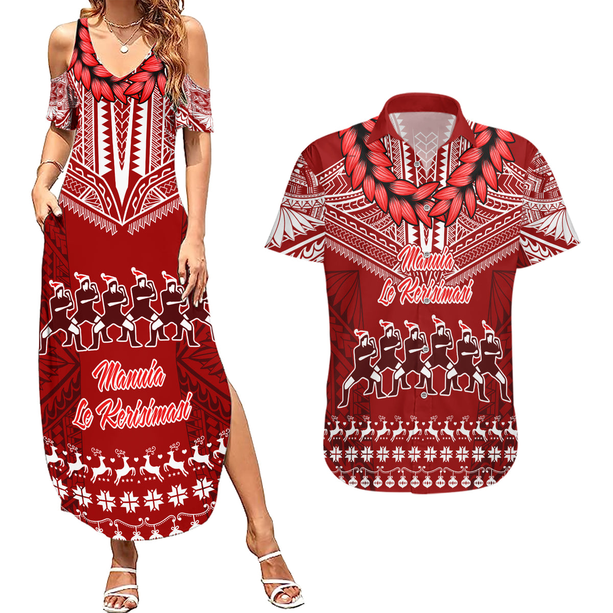 Personalised Toa Samoa Christmas Couples Matching Summer Maxi Dress and Hawaiian Shirt Samoa Siva Tau Manuia Le Kerisimasi Red Vibe LT9 - Wonder Print Shop