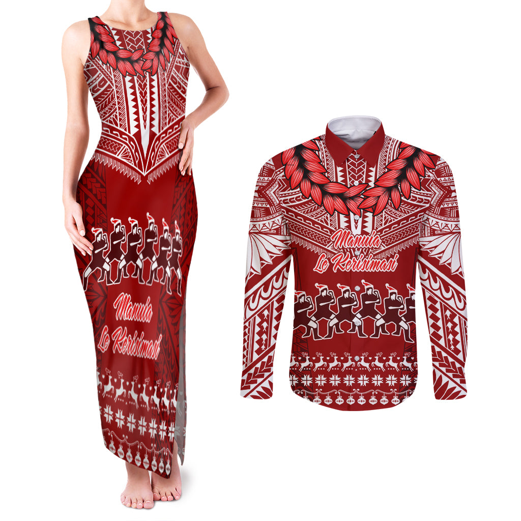 Personalised Toa Samoa Christmas Couples Matching Tank Maxi Dress and Long Sleeve Button Shirt Samoa Siva Tau Manuia Le Kerisimasi Red Vibe LT9 - Wonder Print Shop